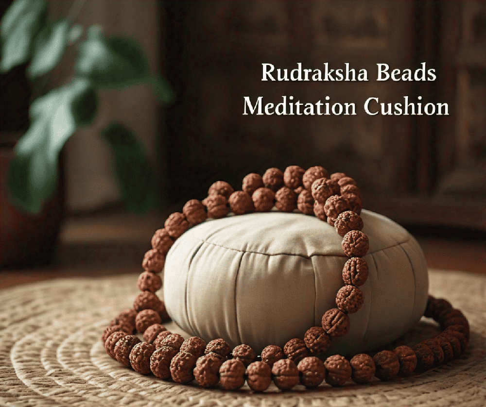 A close-up shot of Rudraksha beads alongside a meditation cushion, creating a serene and inviting atmosphere for spiritual practice